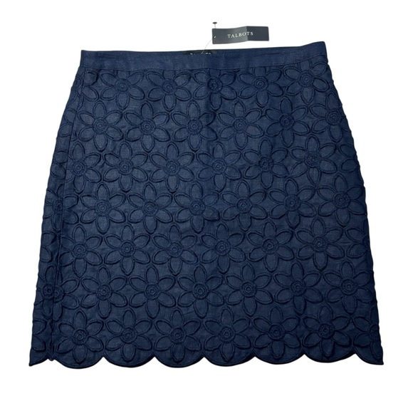 Talbots Dresses & Skirts - Talbots Navy Linen Embroidered Floral Scallop Hem Lined Skirt - 10 Petites NWT